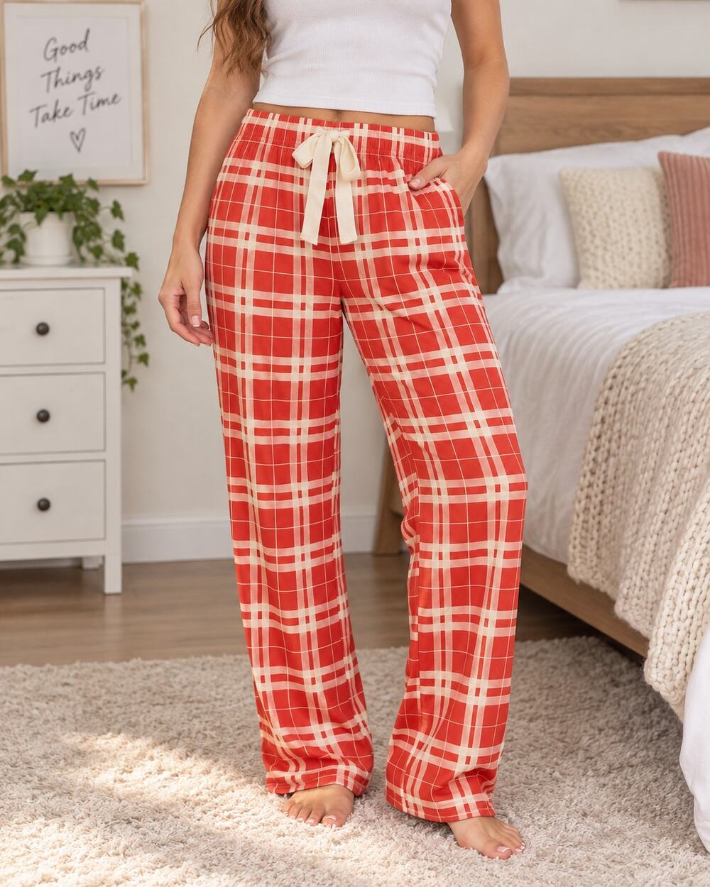 Women’s Small Red & White Plaid Pajama Pants Lounge Sleep Pants Drawstring